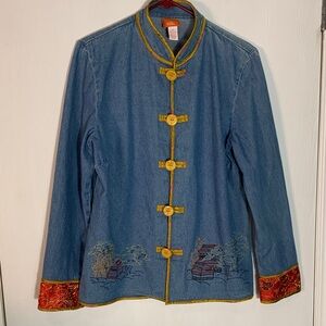 VTG Hearts of Palm Blue Embroidered Jacket with Mustard Yellow Buttons/Trim 10